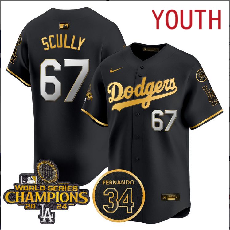 Youth  MLB Los Angeles Dodgers #67 Scully black 2024 World Series Champions Patch Limited Jersey->youth mlb jersey->Youth Jersey